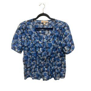 Michael Kors Womens Floral Print Blouse XL Blue Short Sleeve V-Neck